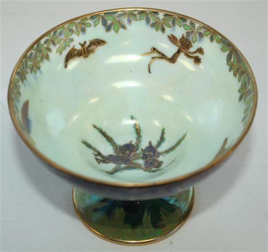 A Wedgwood Fairyland lustre Leap Frogging Elves pedestal bowl, designed by Daisy Makeig-Jones, height 3.2in.